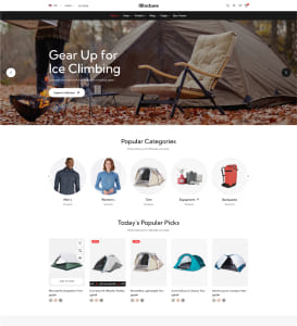Outdoor gear and climbing equipment displayed with a campfire and tent background.