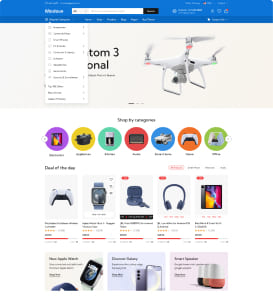 Online electronics store homepage displaying drones, gadgets, and accessories.