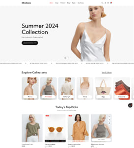 Fashion website showcasing Summer 2024 collection with models and categories.