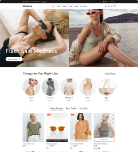 Two women wearing stylish swimwear by the beach and a collection of summer fashion items.