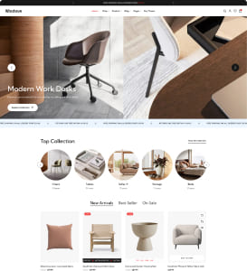 Modern office furniture and stylish home decor items displayed on an e-commerce website.