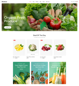 Website homepage featuring fresh organic produce and vibrant vegetables.