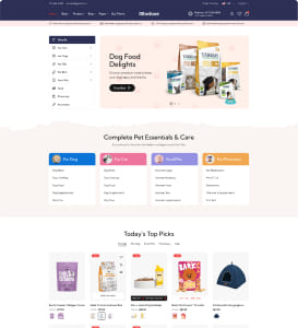 Online pet store homepage showcasing dog food and accessories with categories and discounts.