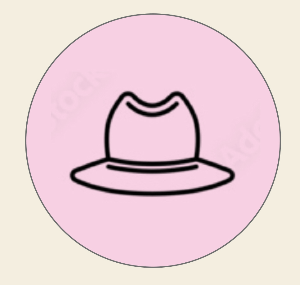 Black hat icon on a pink circular background.
