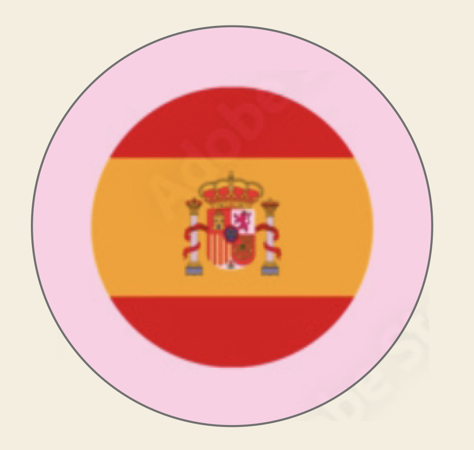 Circular Spanish flag with a pink border on a beige background.