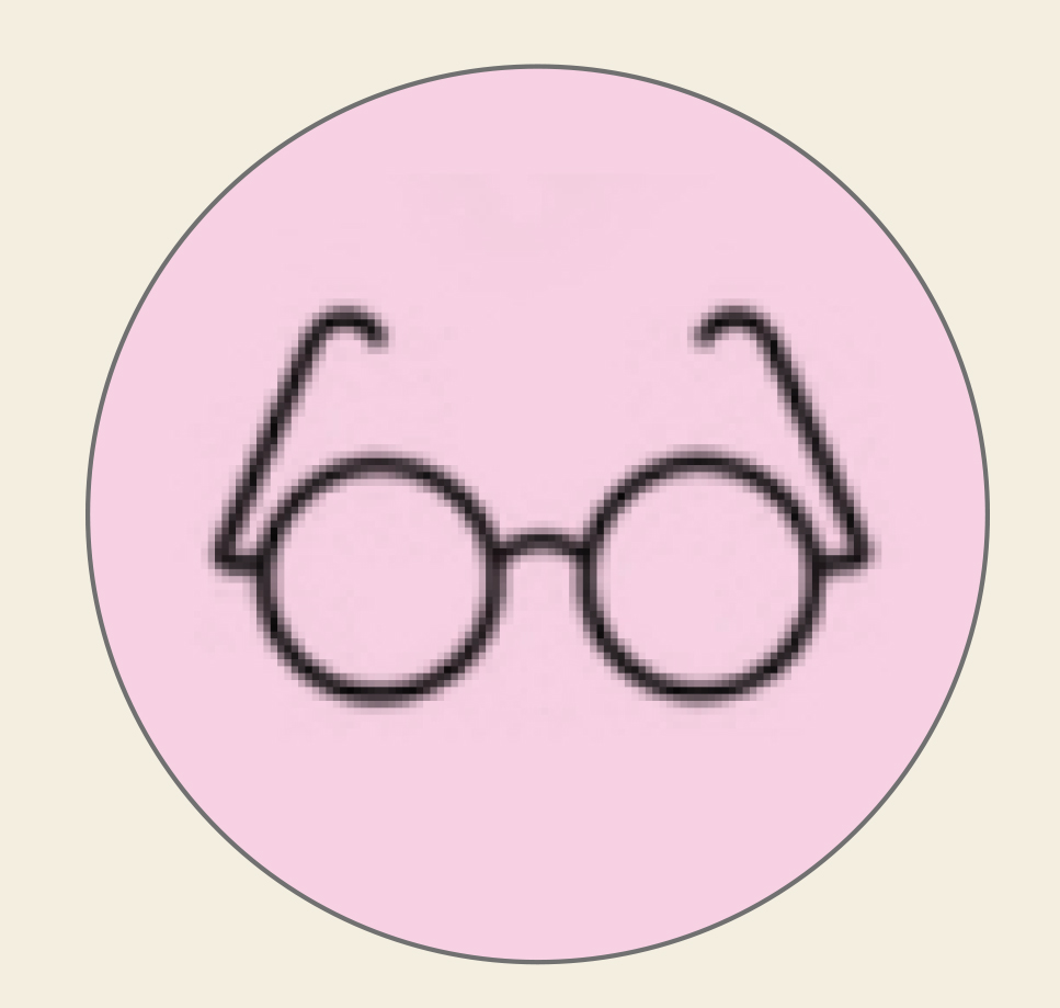 Black round glasses icon on a pink circular background.