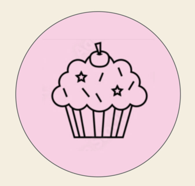 Minimalist cupcake icon with cherry on top inside a pink circle.