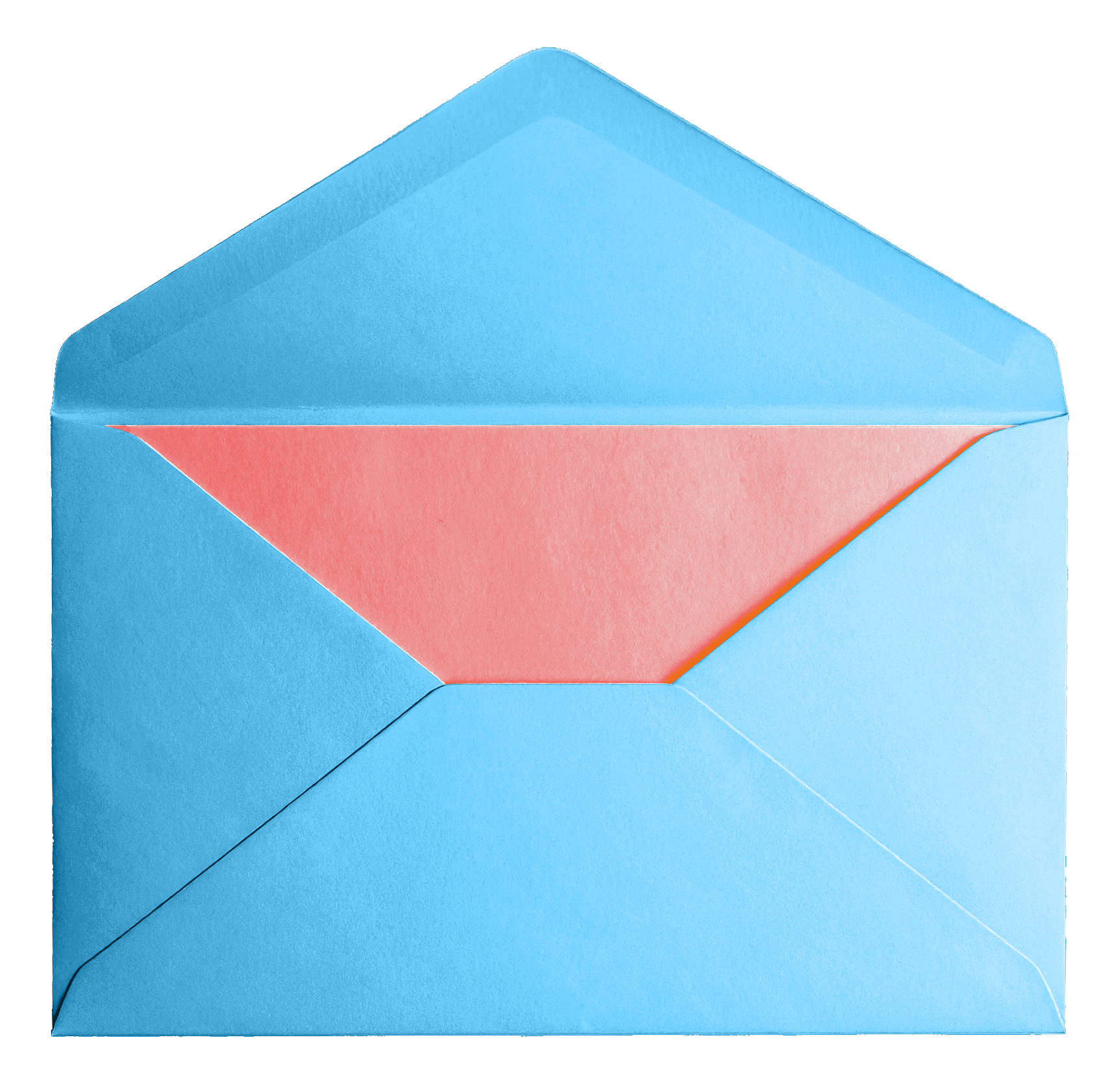 A blue envelope partially opened with a pink inner flap. A blue envelope partially opened with a pink inner flap.