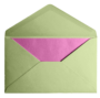 An open green envelope with a pink card inside.