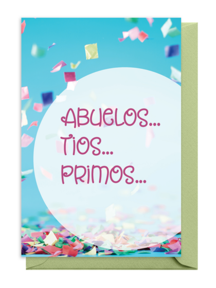 Colorful invitation card with confetti and family titles in Spanish.