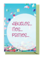 Colorful invitation card with confetti and family titles in Spanish.