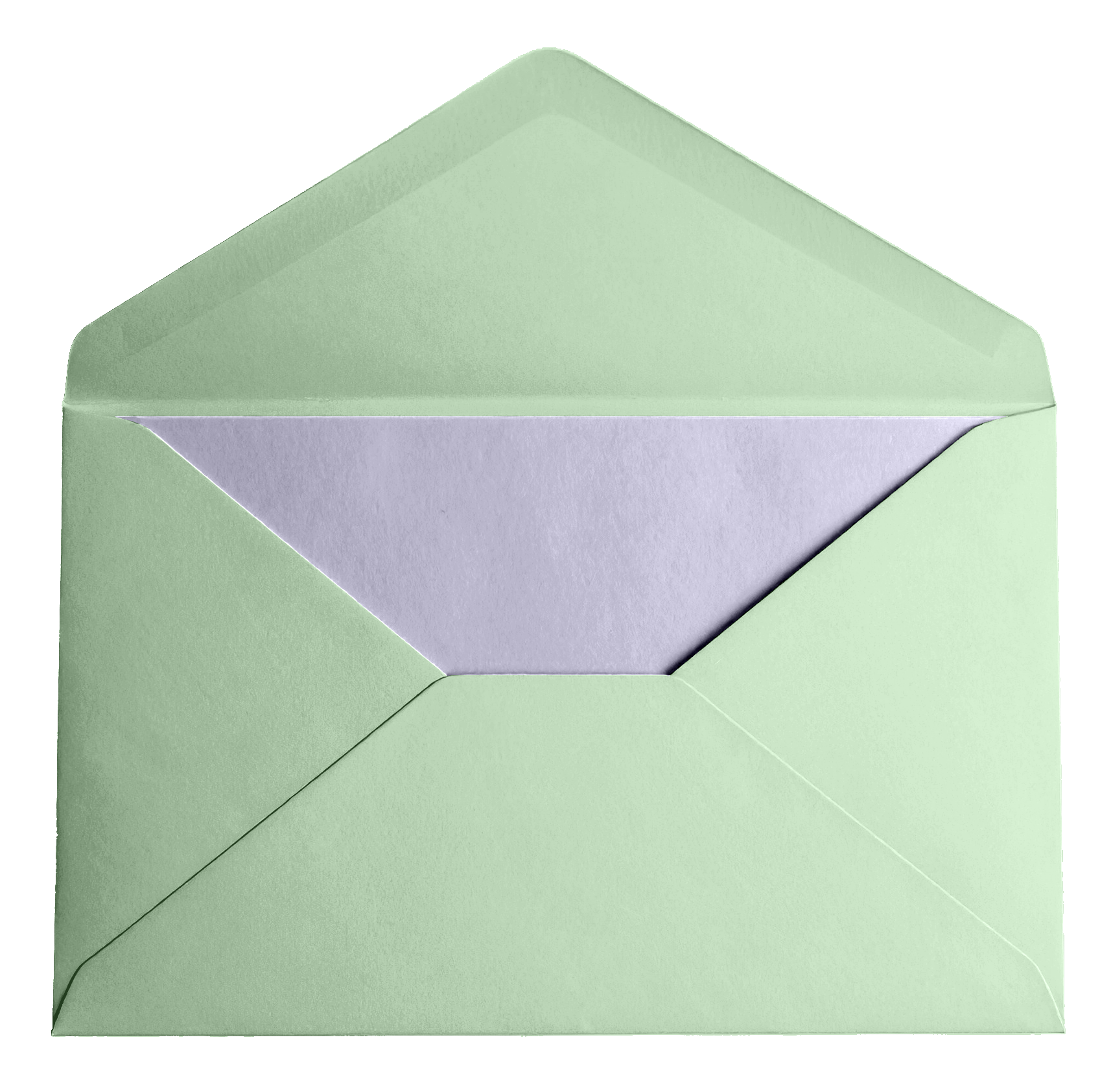 An open light green envelope with a white card inside.