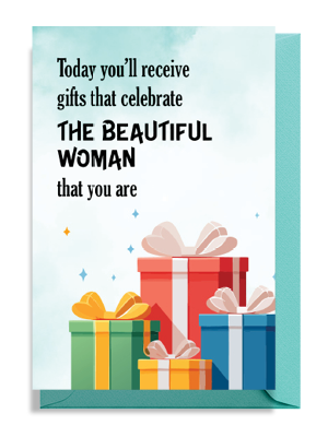 Colorful gift boxes with a message about celebrating beautiful women.