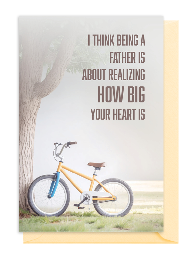 A child hugs a man on a bicycle with a touching fatherhood quote.