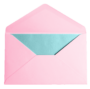 Open pink envelope with a blue card inside.