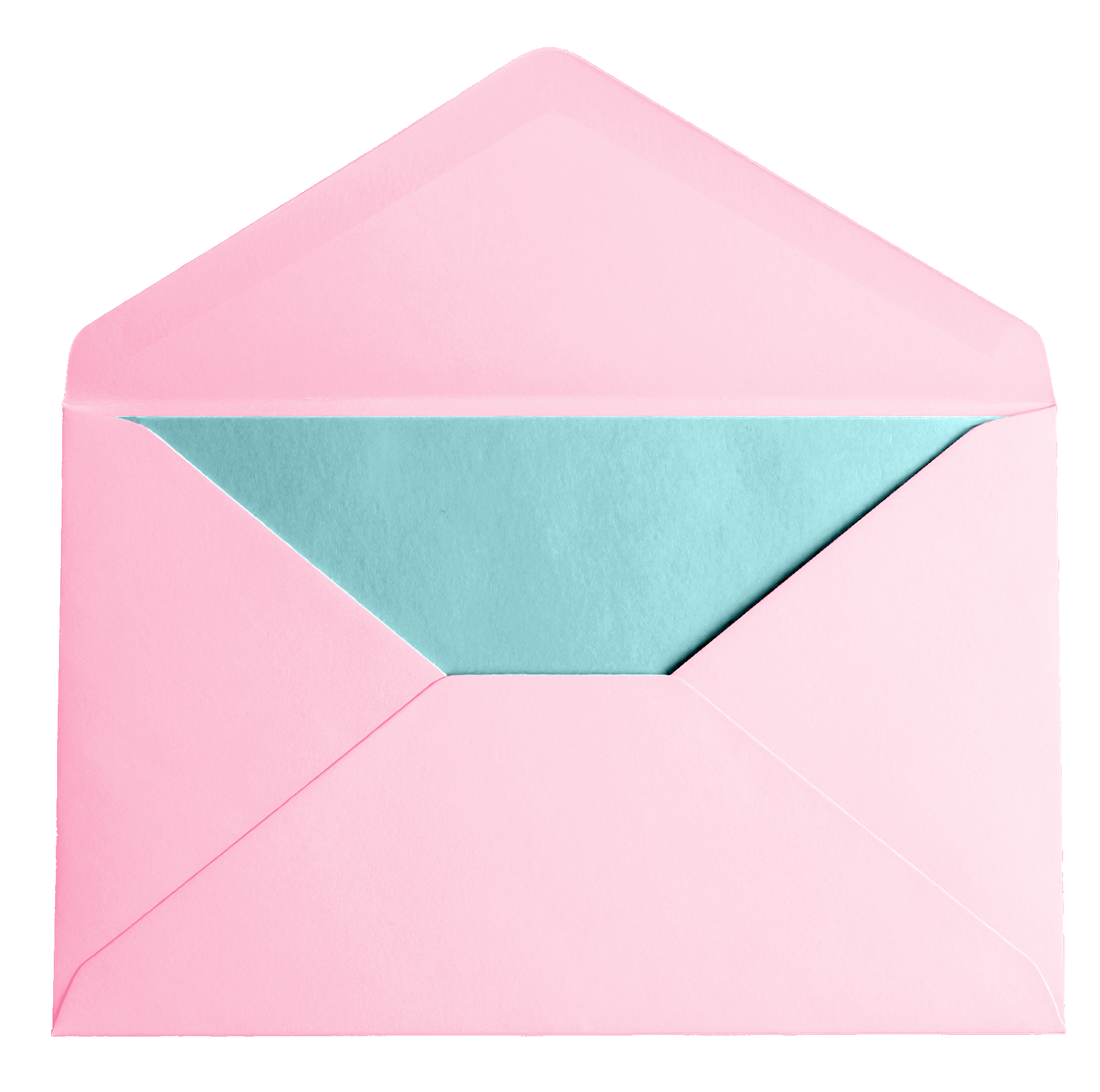 Open pink envelope with a blue card inside.
