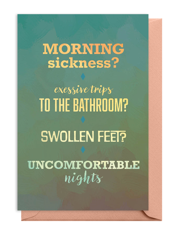 Pregnancy symptom greeting card with soothing colors and text.