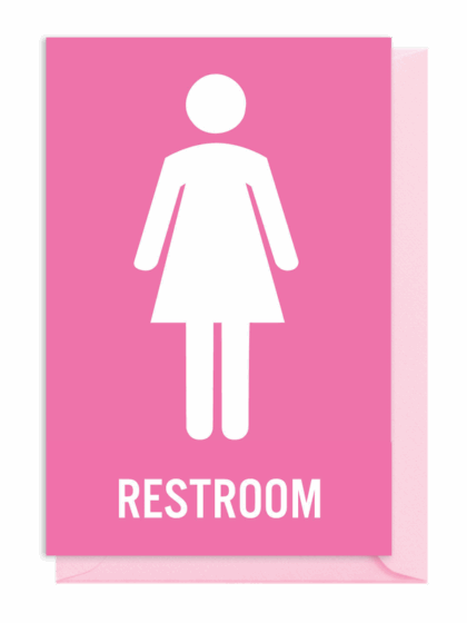 Pink restroom sign with a female figure icon.