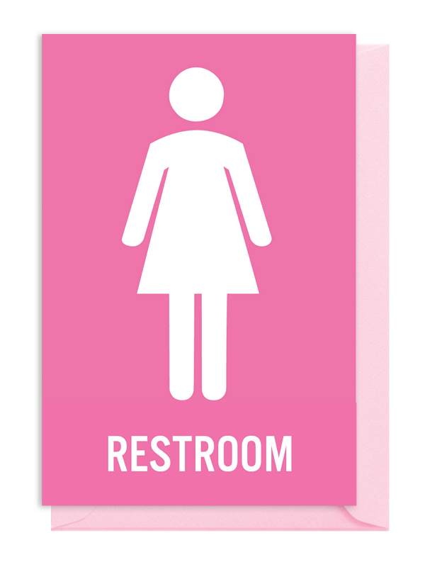 Pink restroom sign with a female figure icon.