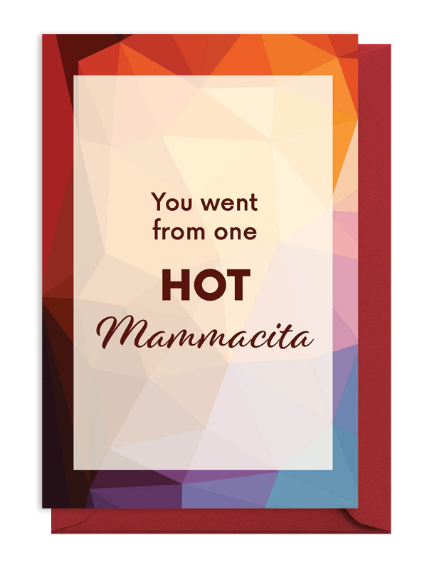 Greeting card with colorful geometric background and playful compliment text.