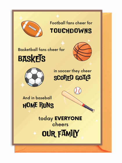 Sports-themed family cheer poster with football, basketball, soccer, and baseball.