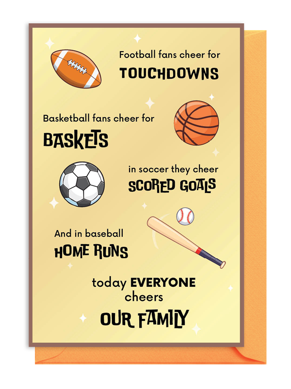Sports-themed family cheer poster with football, basketball, soccer, and baseball.