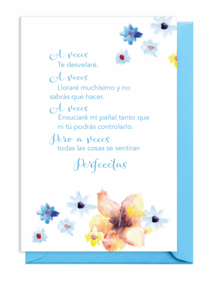 A floral-themed poem in Spanish with blue and yellow flowers.