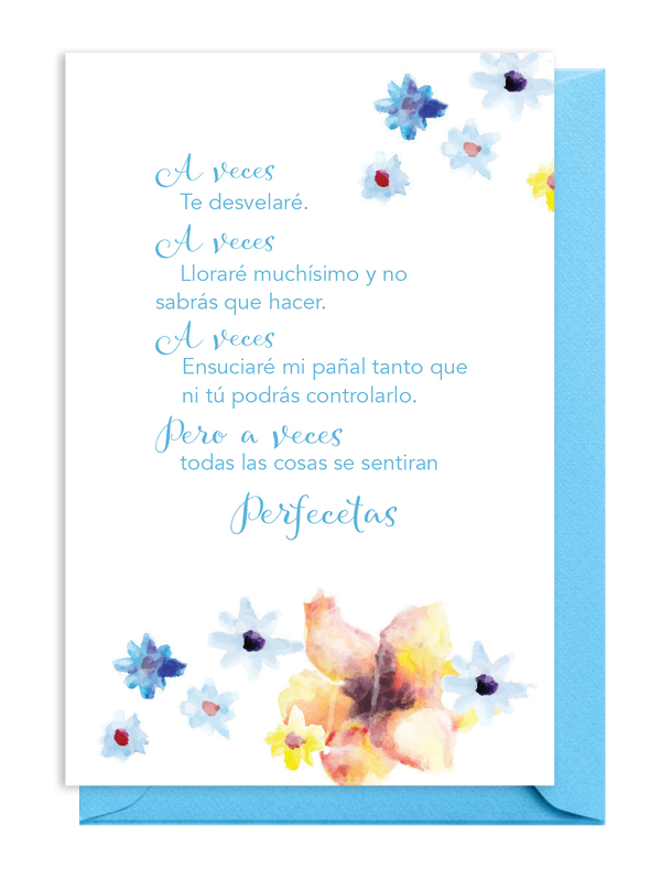 A floral-themed poem in Spanish with blue and yellow flowers.