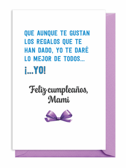 Tarjeta de cumpleaños con mensaje amoroso para mamá y un lazo morado.