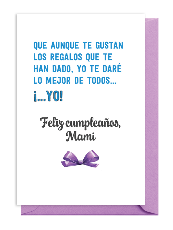 Tarjeta de cumpleaños con mensaje amoroso para mamá y un lazo morado. Tarjeta de cumpleaños con mensaje amoroso para mamá y un lazo morado.