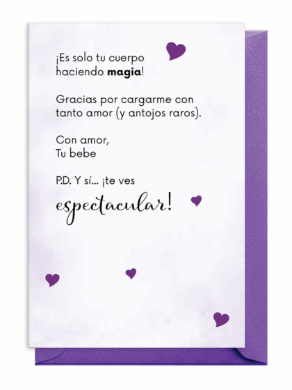 A heartfelt Spanish message expressing love and gratitude with purple hearts.