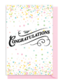 A colorful congratulations card with confetti and elegant text.