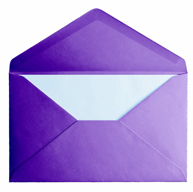 A purple envelope partially open with a white interior.