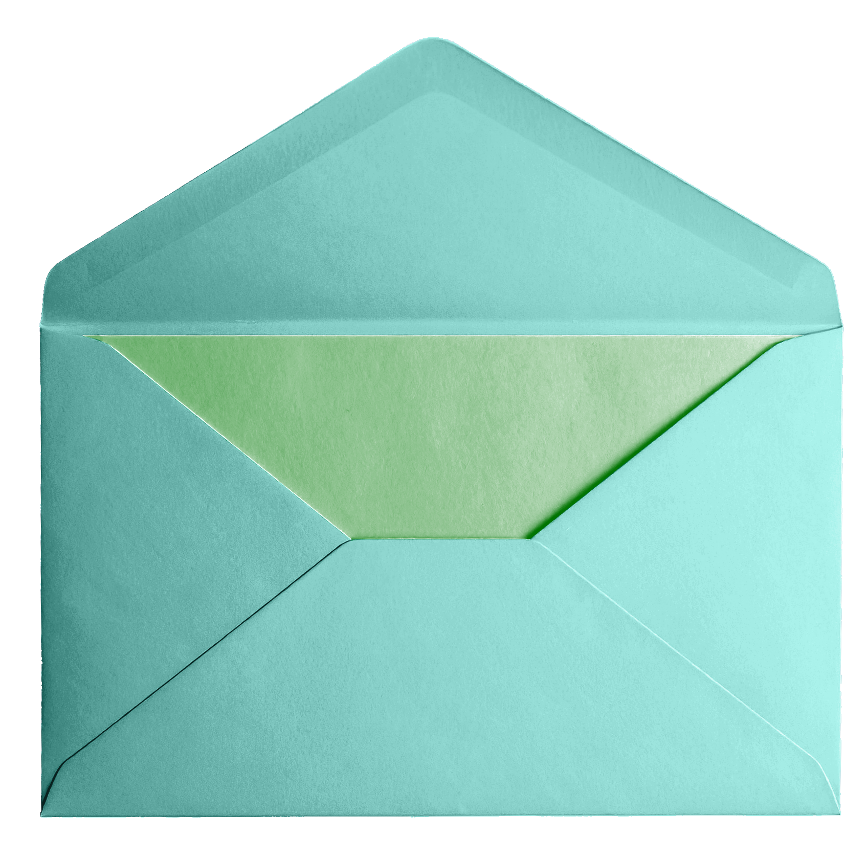 Open pastel blue envelope with a green insert inside.