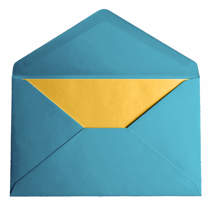 Open turquoise envelope revealing yellow insert Open turquoise envelope revealing yellow insert