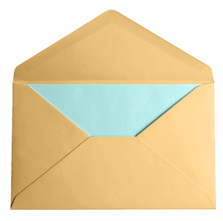 Gold envelope open revealing light blue card Gold envelope open revealing light blue card