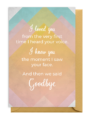 A pastel-toned card with a heartfelt goodbye message in elegant fonts.