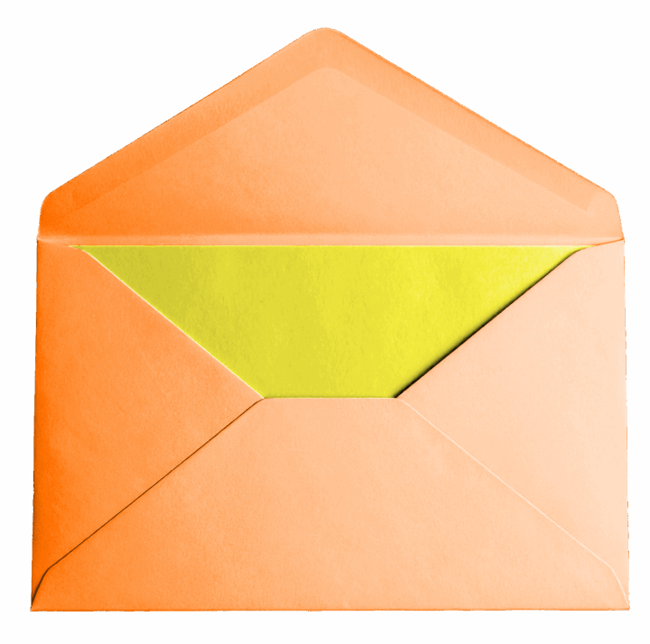 Open orange envelope with green card Open orange envelope with green card