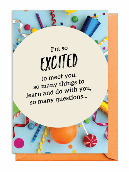 A colorful card expressing excitement to meet and learn with someone.