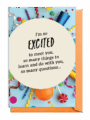 A colorful card expressing excitement to meet and learn with someone.