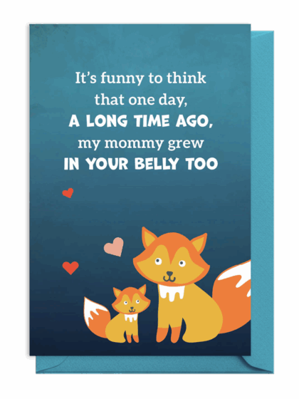Cute illustration of a mother fox and baby with a heartfelt message about growing inside the belly.
