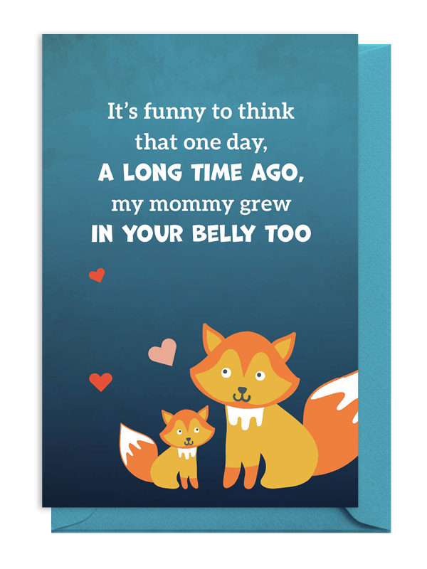 Cute illustration of a mother fox and baby with a heartfelt message about growing inside the belly.