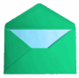 A green envelope with a blue card inside.