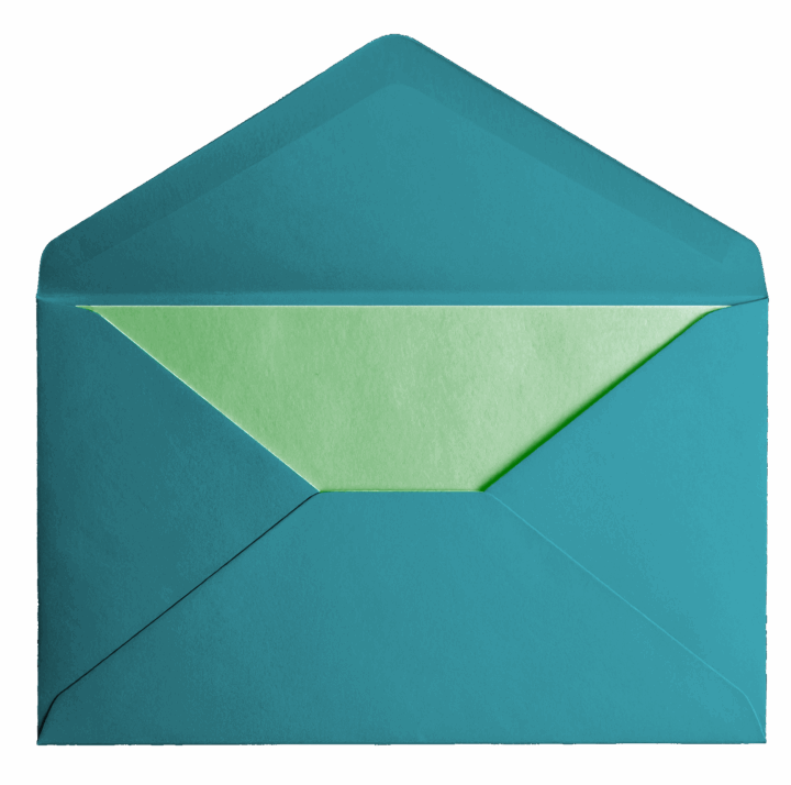 Open turquoise envelope showing pale green insert Open turquoise envelope showing pale green insert