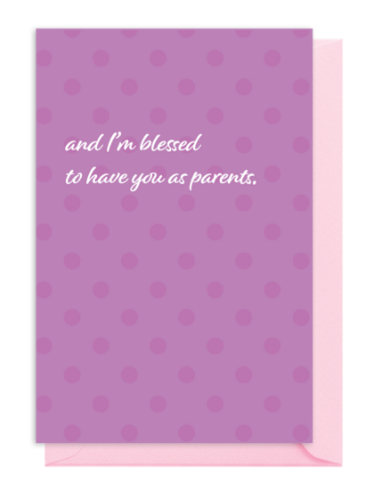 Purple card with polka dots and a heartfelt message for parents.