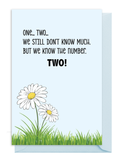 Two daisies in a field with a playful counting message.