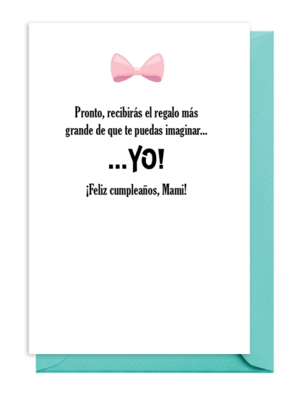 Tarjeta de cumpleaños con la frase "¡Feliz cumpleaños, Mamá!" y un lazo rosa.