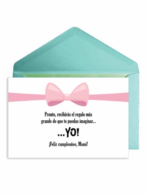 Tarjeta de cumpleaños con sobre azul y lazo rosa.