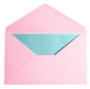 A pastel pink envelope with a blue card inside, slightly open.