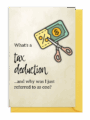 Humorous tax deduction pun with cheese and scissors illustration.